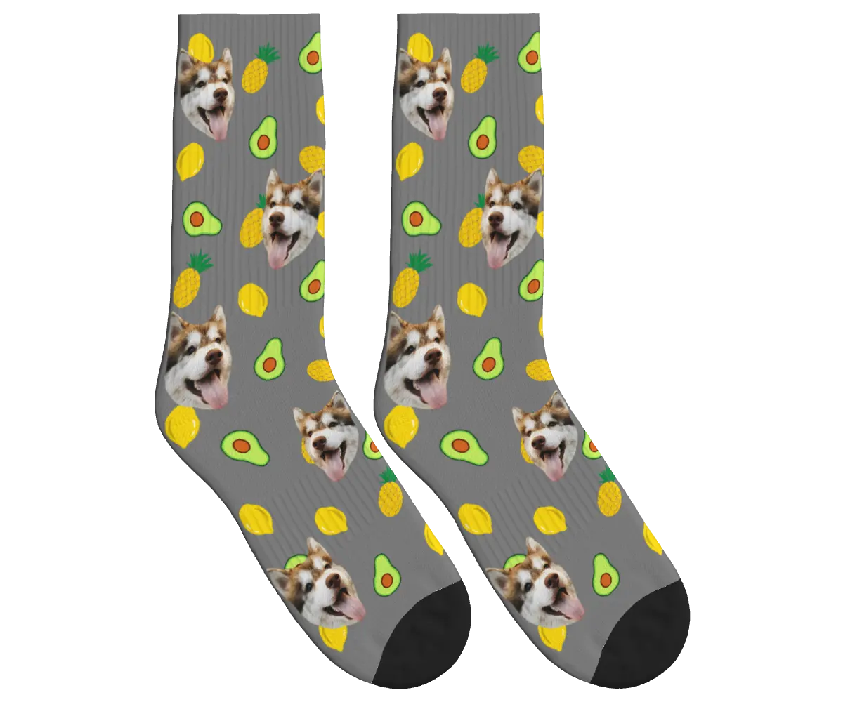 Dog Face Socks with Avocado, Pineapple & Lemon Prints - Gray / Crew Socks