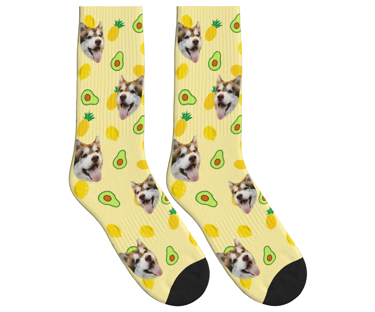 Dog Face Socks with Avocado, Pineapple & Lemon Prints - Pale Yellow / Crew Socks