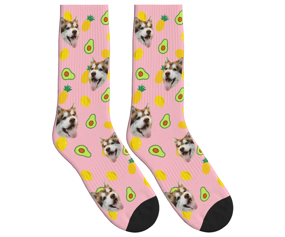 Dog Face Socks with Avocado, Pineapple & Lemon Prints - Pink / Crew Socks
