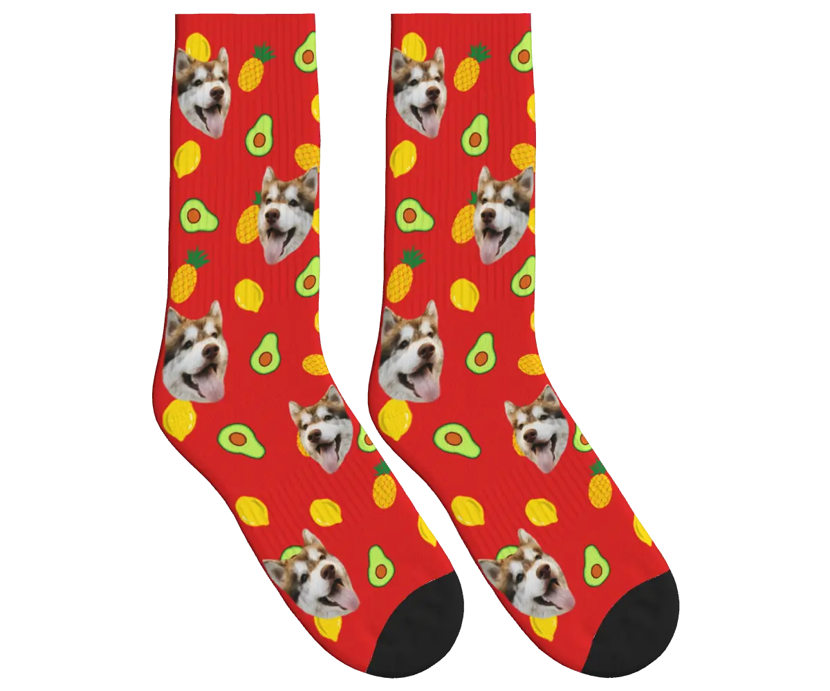 Dog Face Socks with Avocado, Pineapple & Lemon Prints - Red / Crew Socks