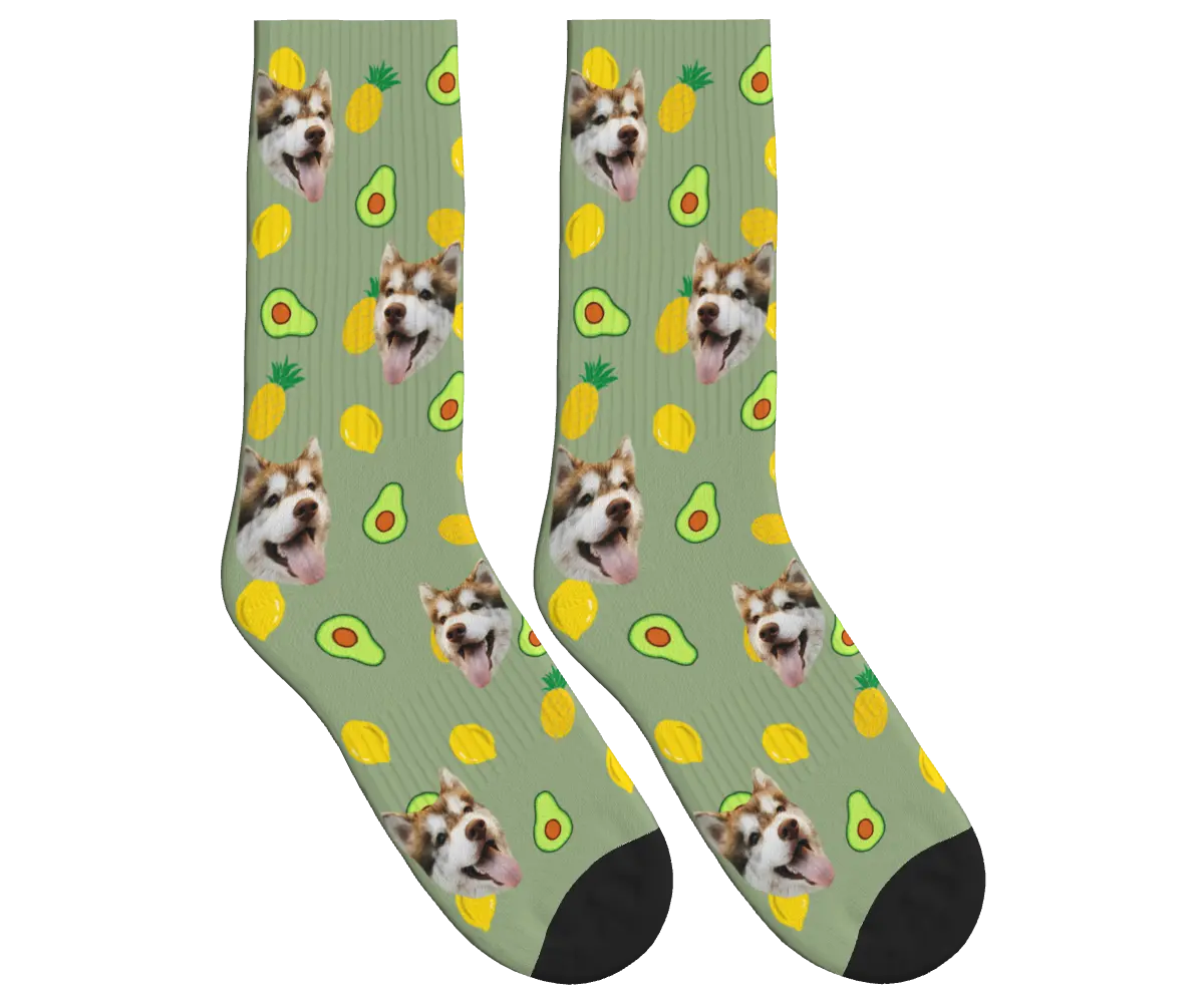 Dog Face Socks with Avocado, Pineapple & Lemon Prints - Sage Green / Crew Socks