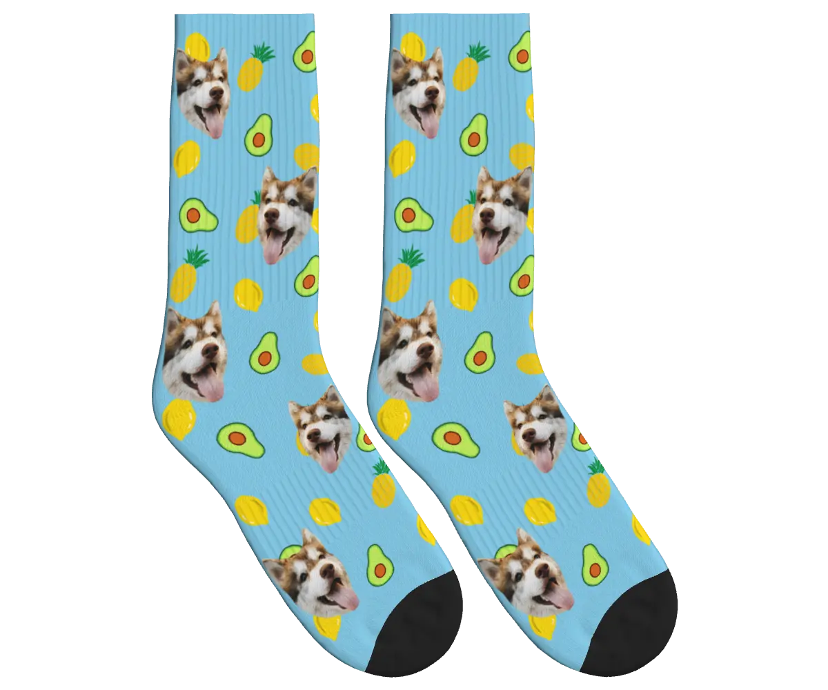 Dog Face Socks with Avocado, Pineapple & Lemon Prints - Sky Blue / Crew Socks
