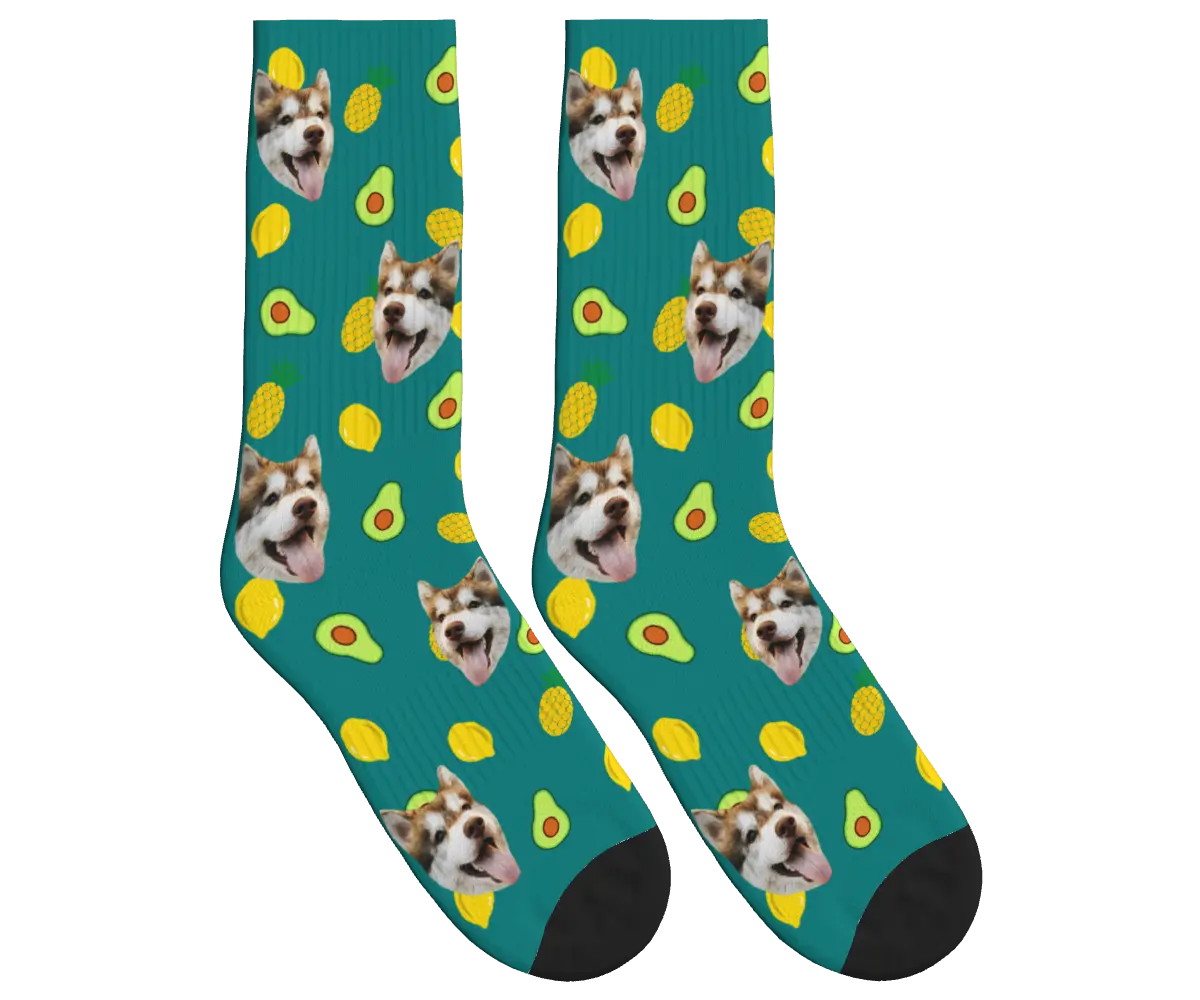 Dog Face Socks with Avocado, Pineapple & Lemon Prints - Pale Yellow / Crew Socks