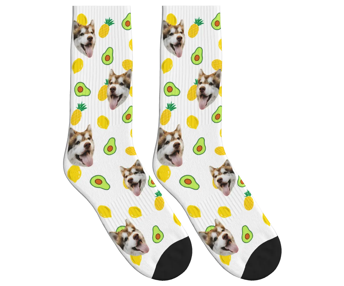 Dog Face Socks with Avocado, Pineapple & Lemon Prints - White / Crew Socks