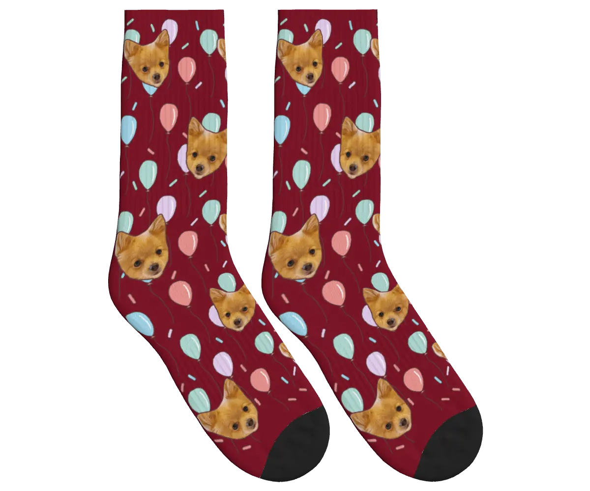 Dog Face Balloon Party Socks - Burgundy / Crew Socks