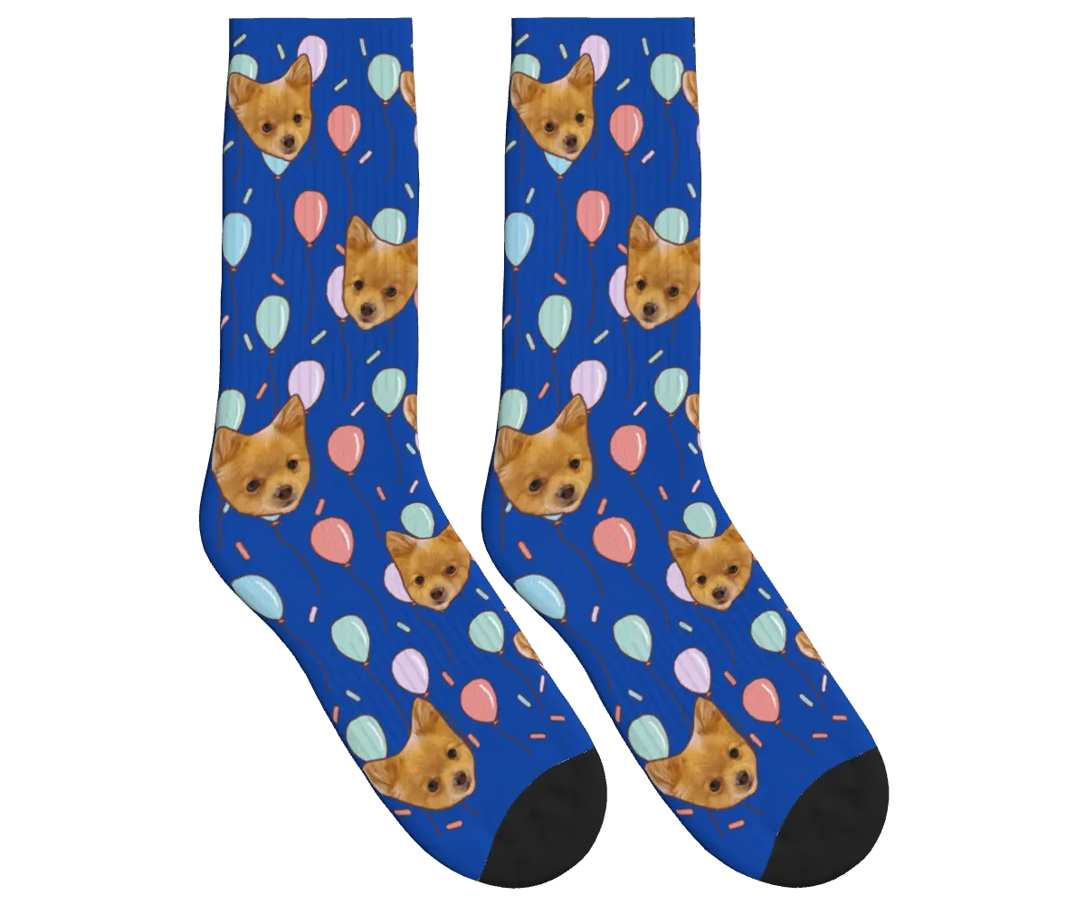 Dog Face Balloon Party Socks - Cobalt Blue / Crew Socks