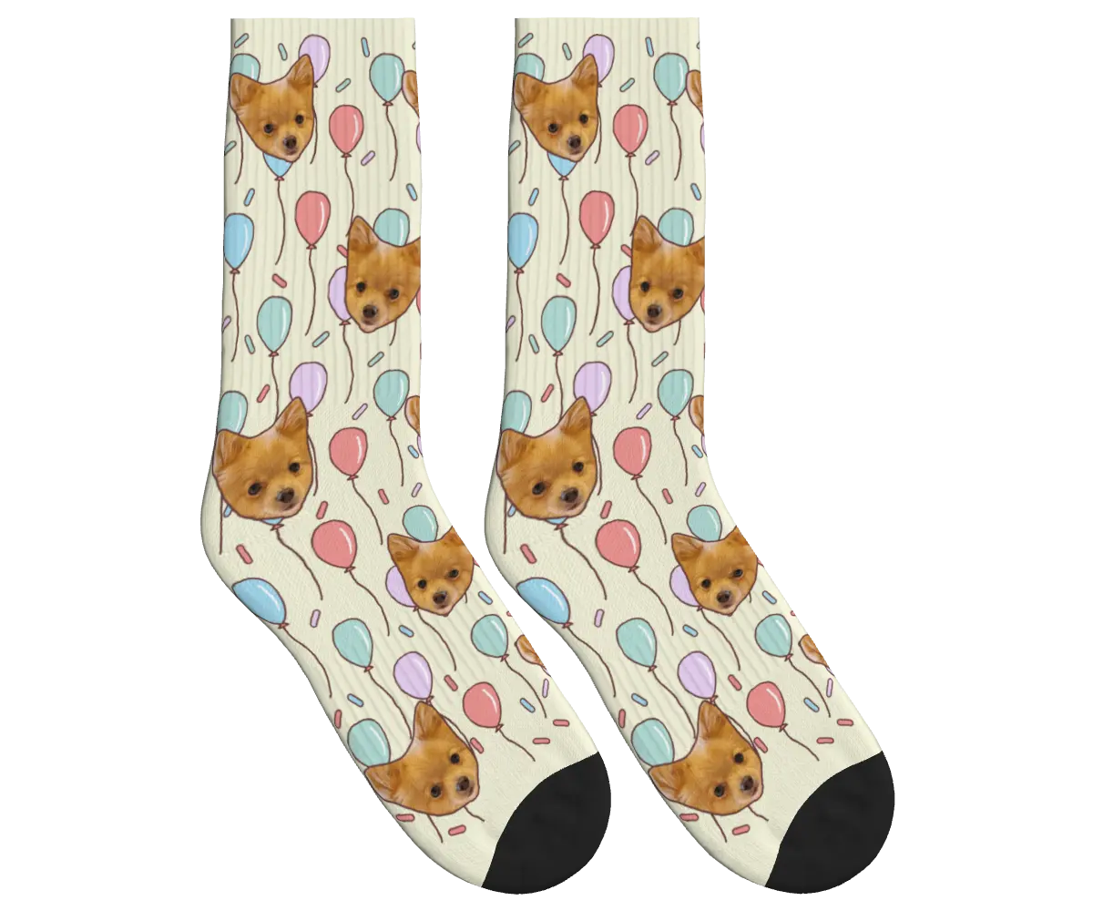 Dog Face Balloon Party Socks - Beige / Crew Socks