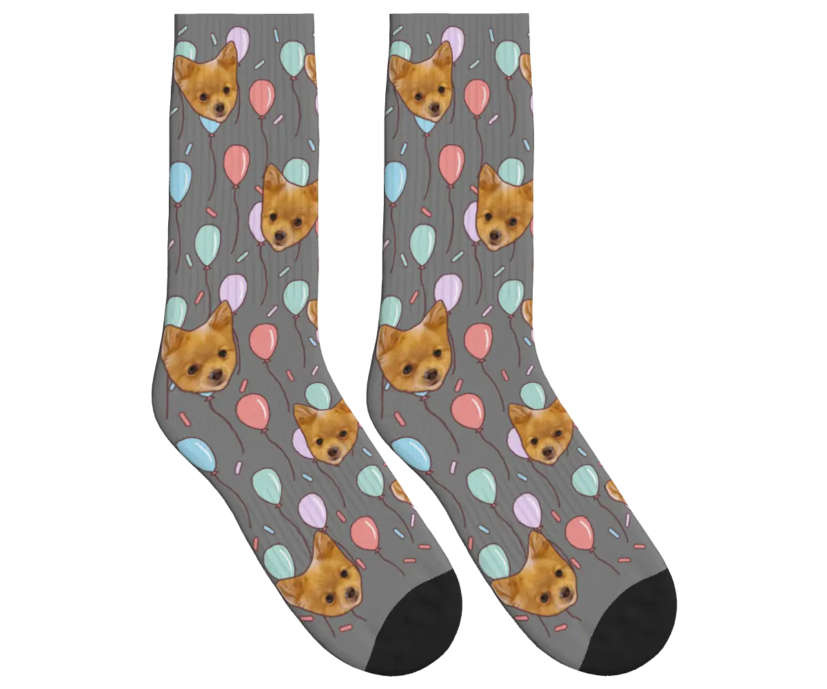 Dog Face Balloon Party Socks - Gray / Crew Socks