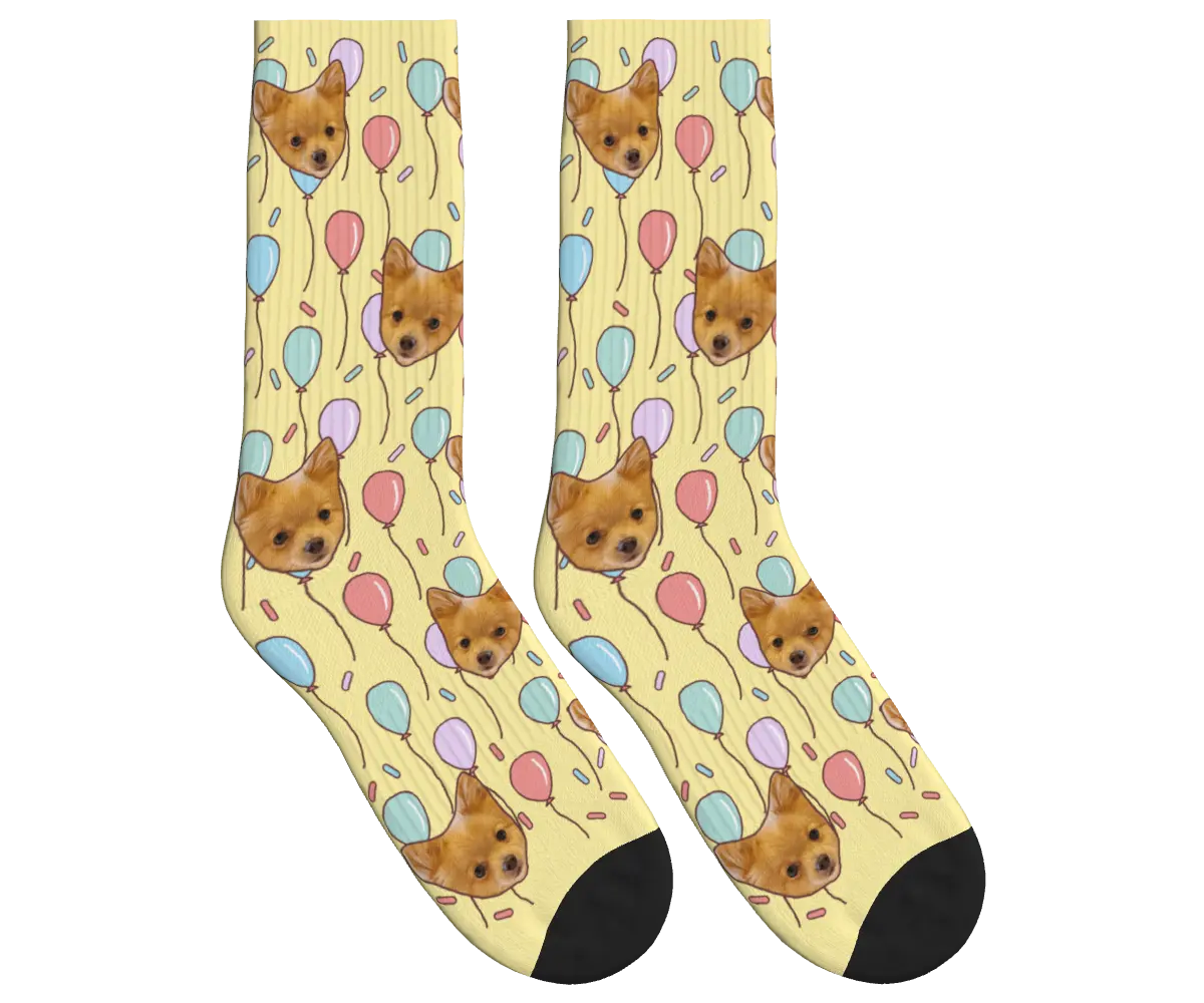 Dog Face Balloon Party Socks - Pale Yellow / Crew Socks