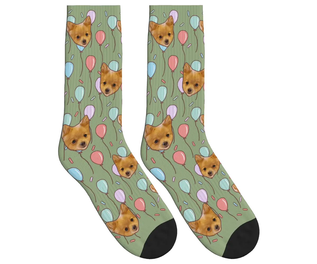 Dog Face Balloon Party Socks - Sage Green / Crew Socks