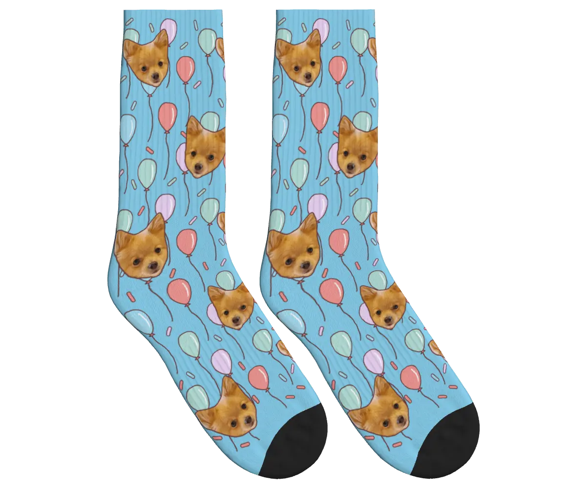 Dog Face Balloon Party Socks - Sky Blue / Crew Socks
