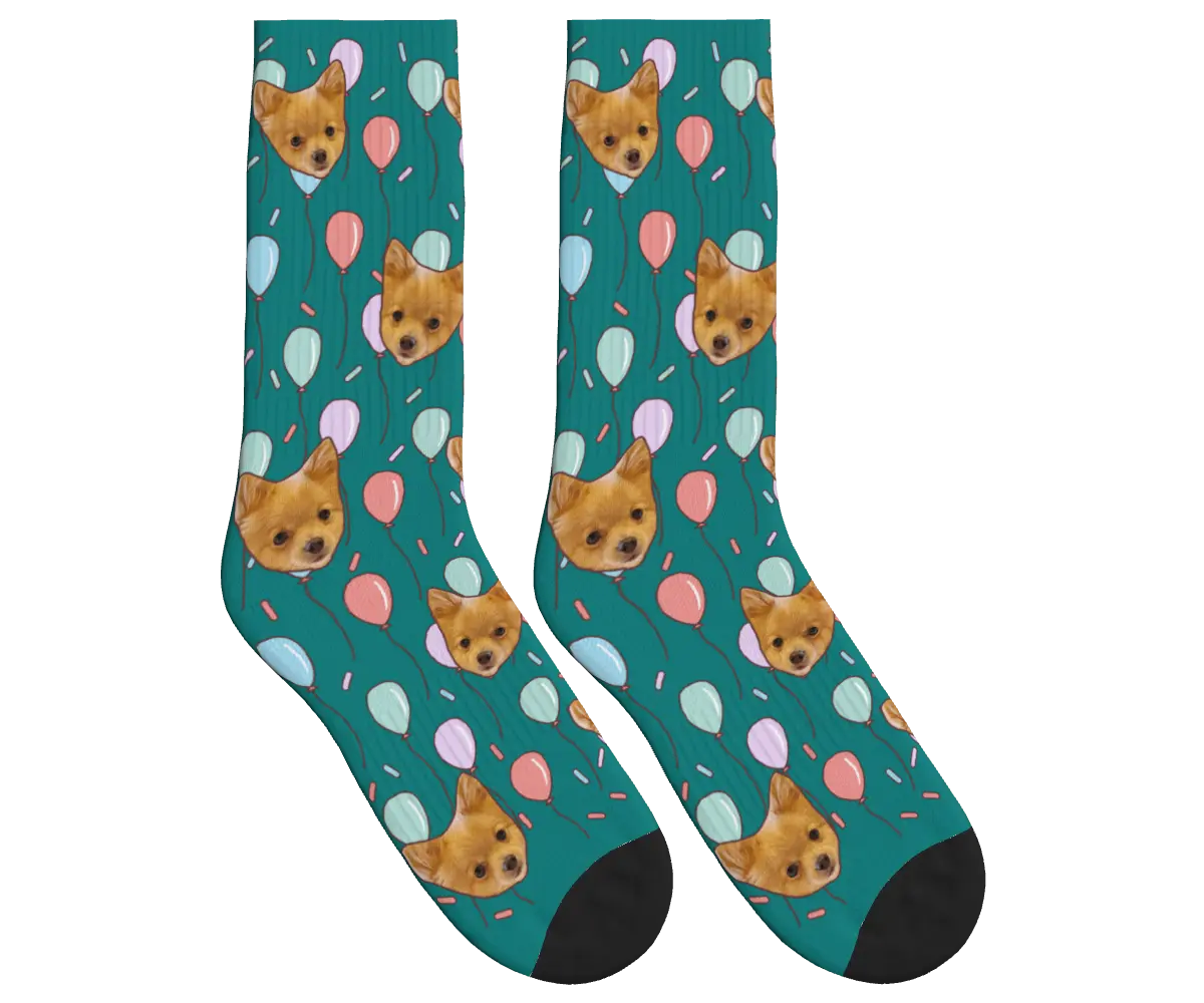 Dog Face Balloon Party Socks - Teal / Crew Socks