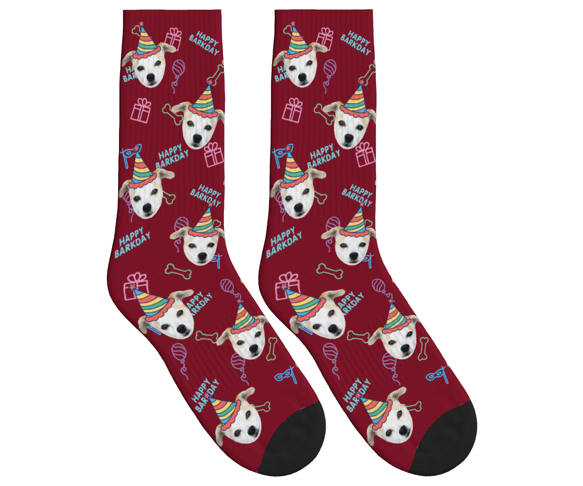 Dog Face Barkday Socks - Burgundy / Crew Socks