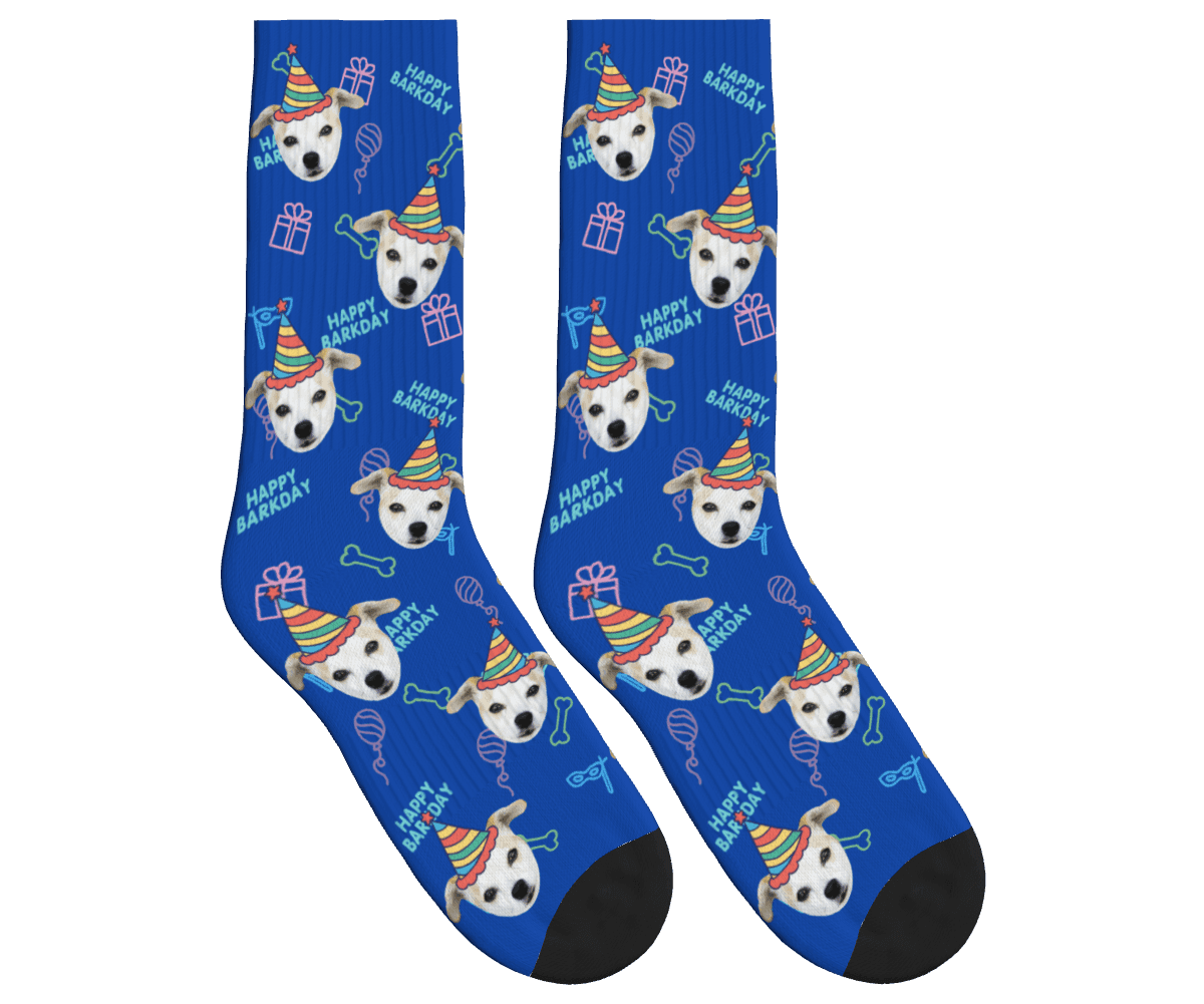 Dog Face Barkday Socks - Cobalt Blue / Crew Socks
