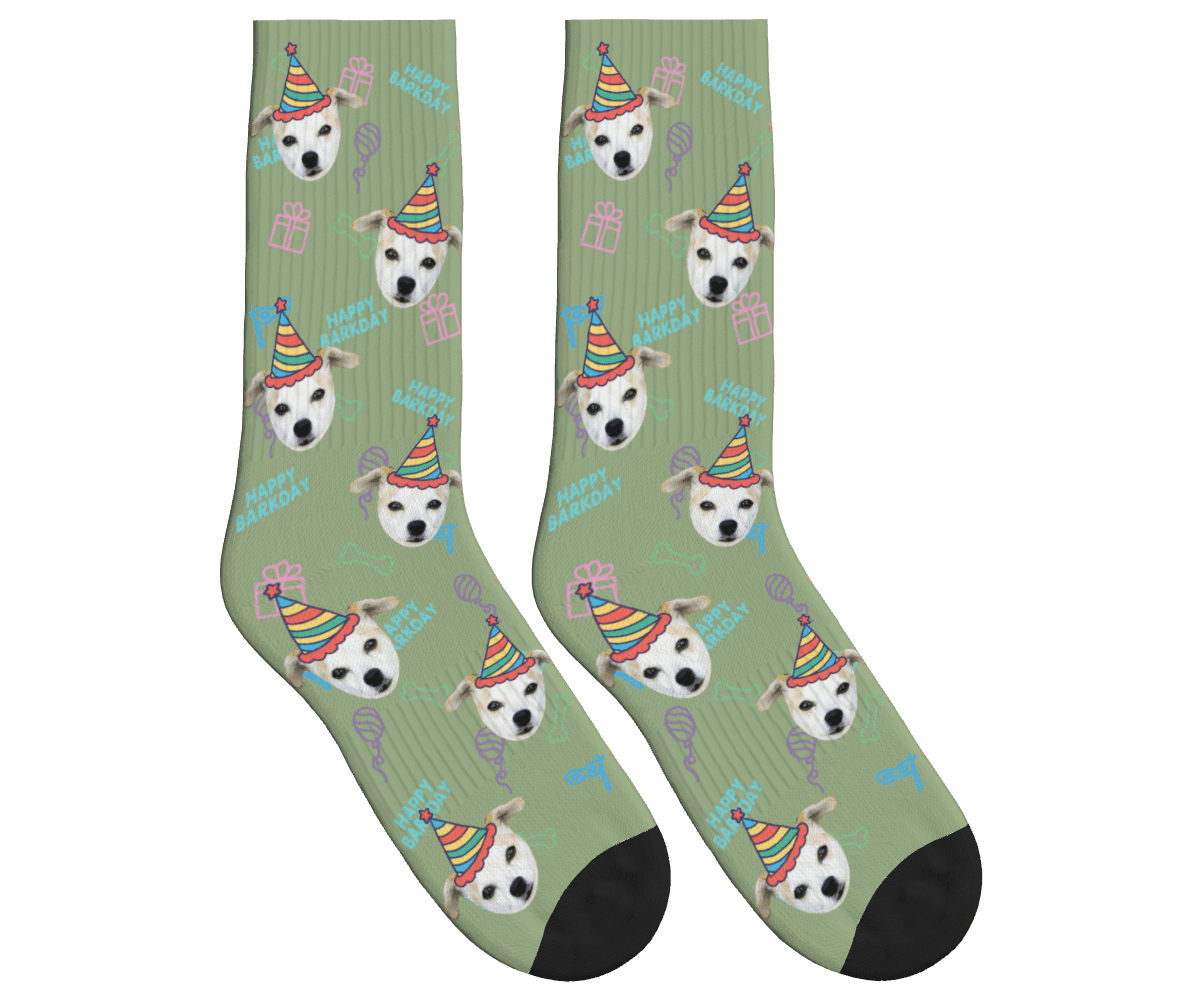 Dog Face Barkday Socks - Sage Green / Crew Socks