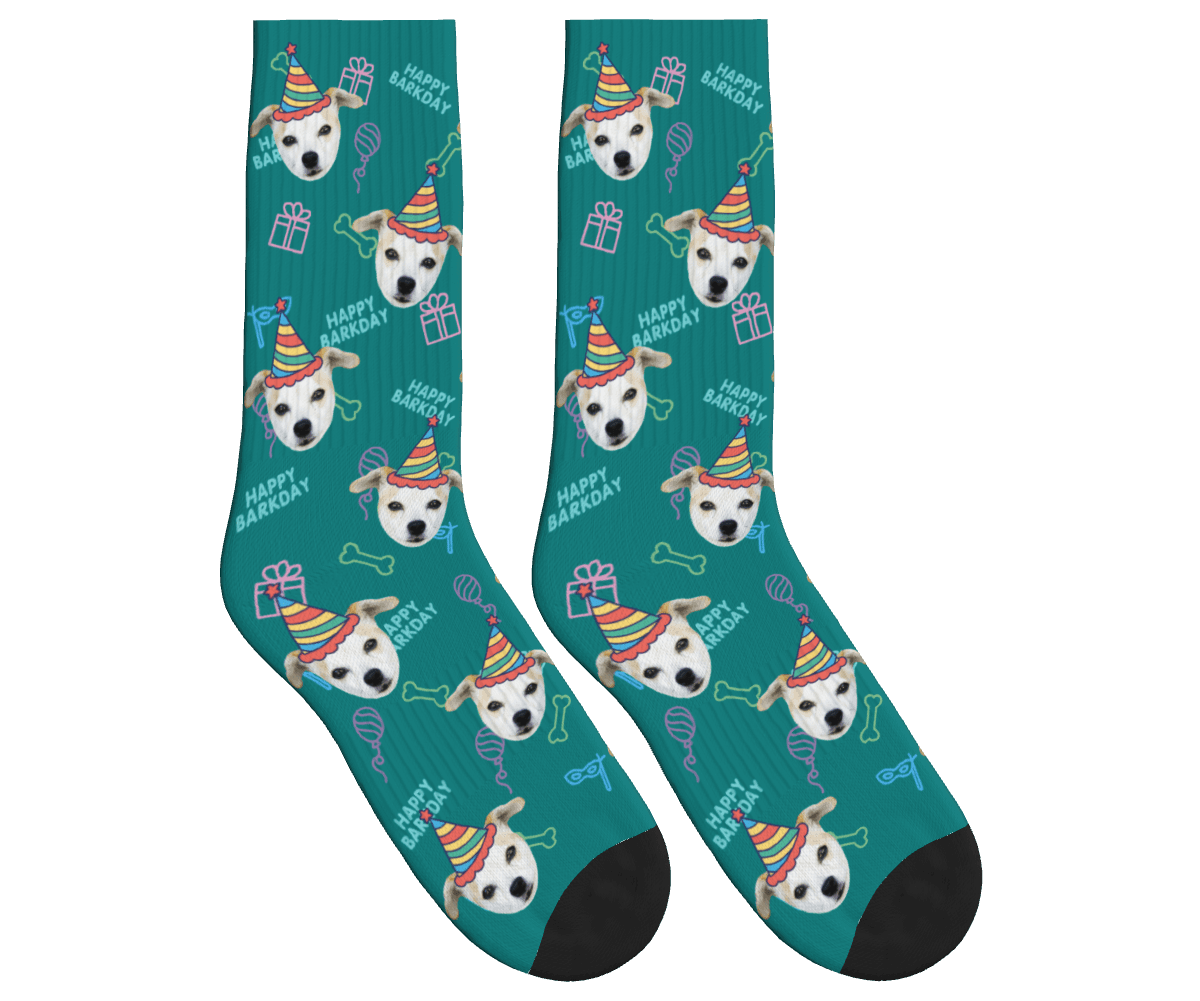 Dog Face Barkday Socks - Teal / Crew Socks