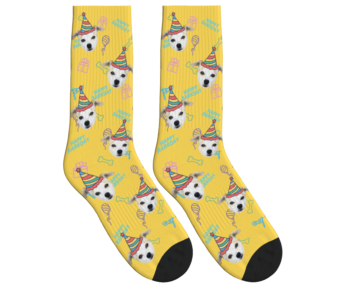 Dog Face Barkday Socks - Mustard Yellow / Crew Socks