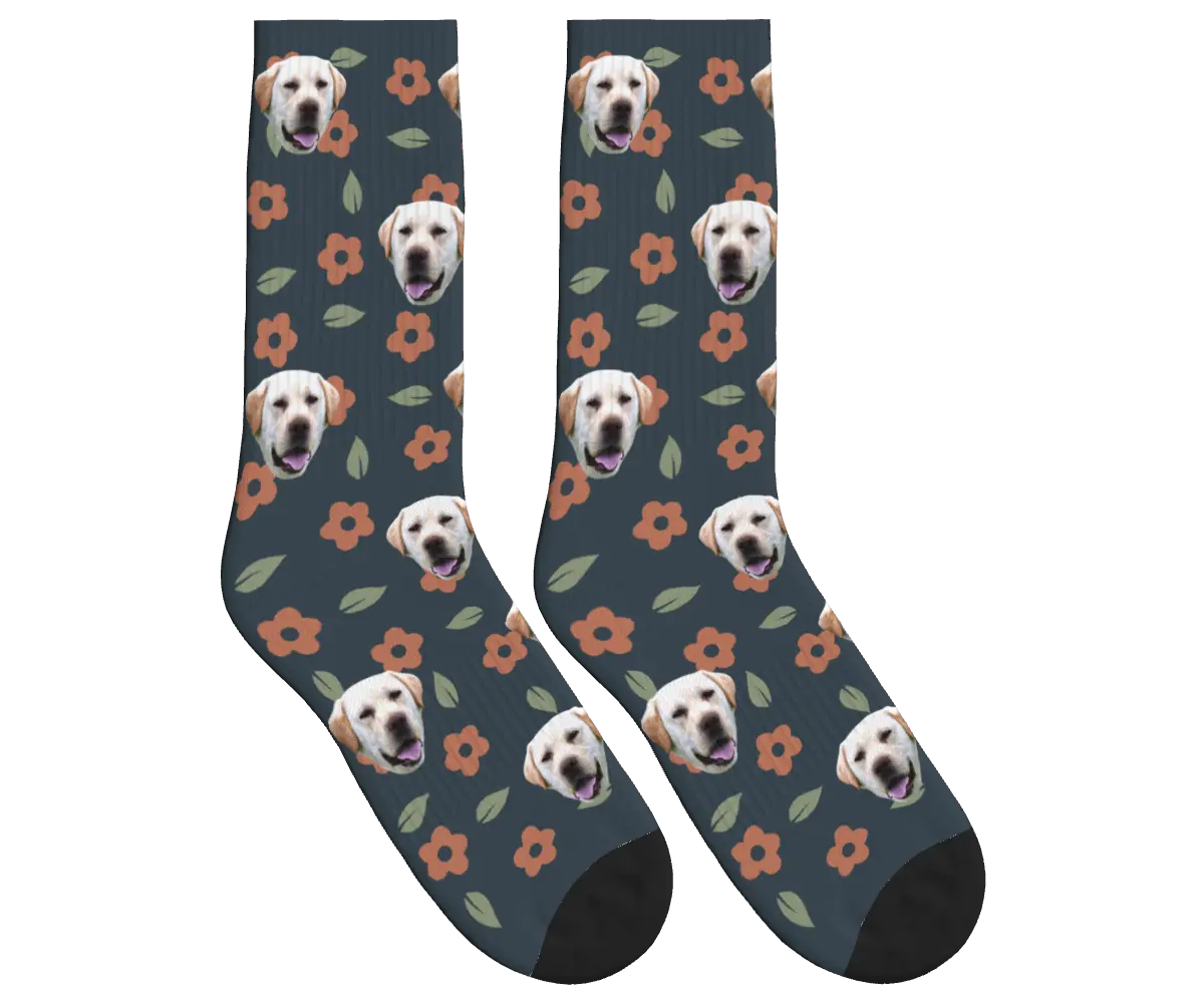 Dog Face Floral & Leaf Socks - Sage Green / Crew Socks