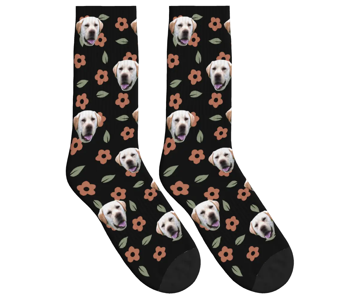 Dog Face Floral & Leaf Socks - Black / Crew Socks