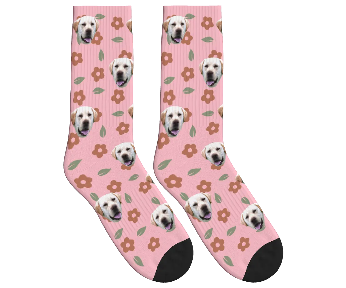 Dog Face Floral & Leaf Socks - Pink / Crew Socks