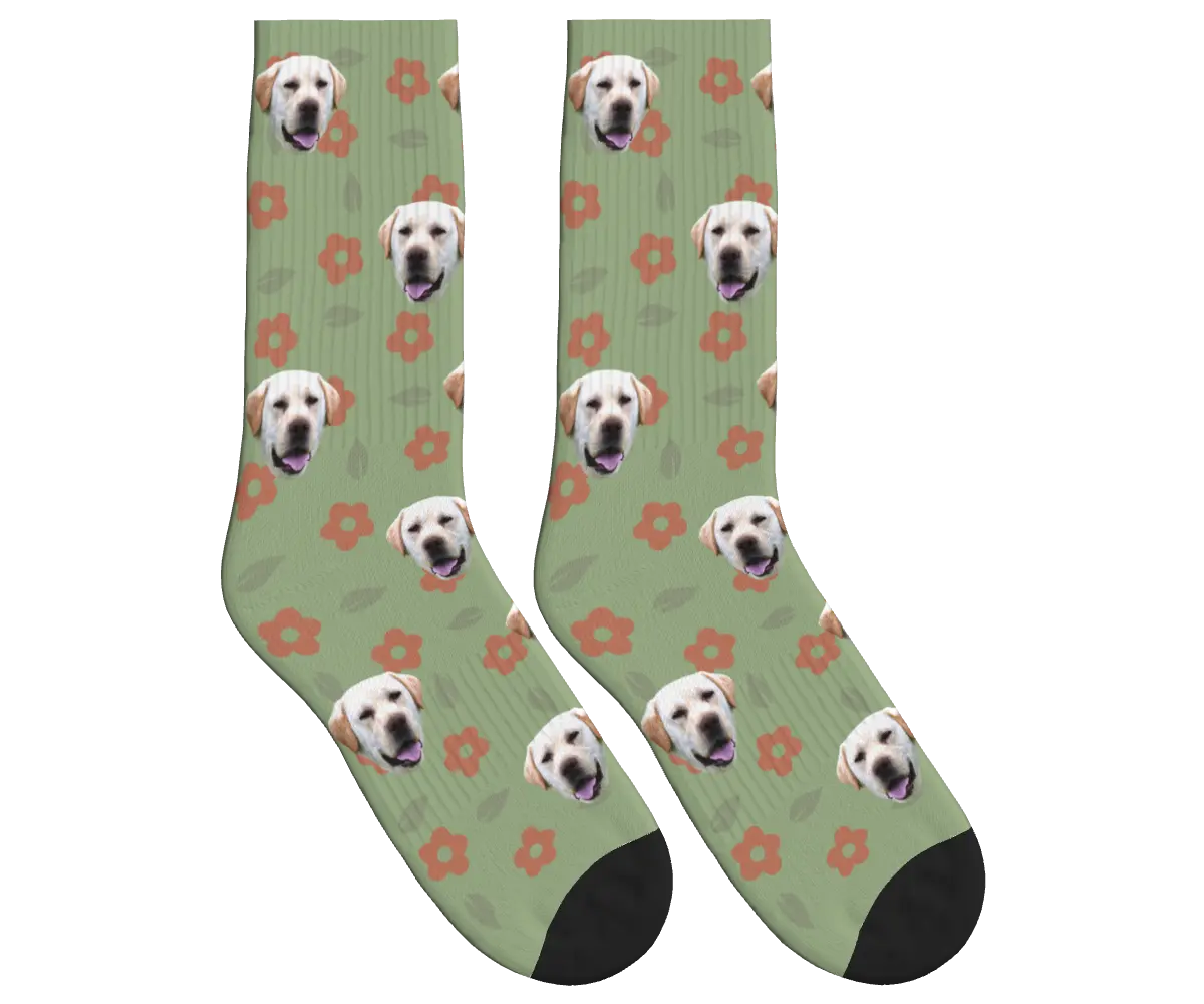 Dog Face Floral & Leaf Socks - Sage Green / Crew Socks