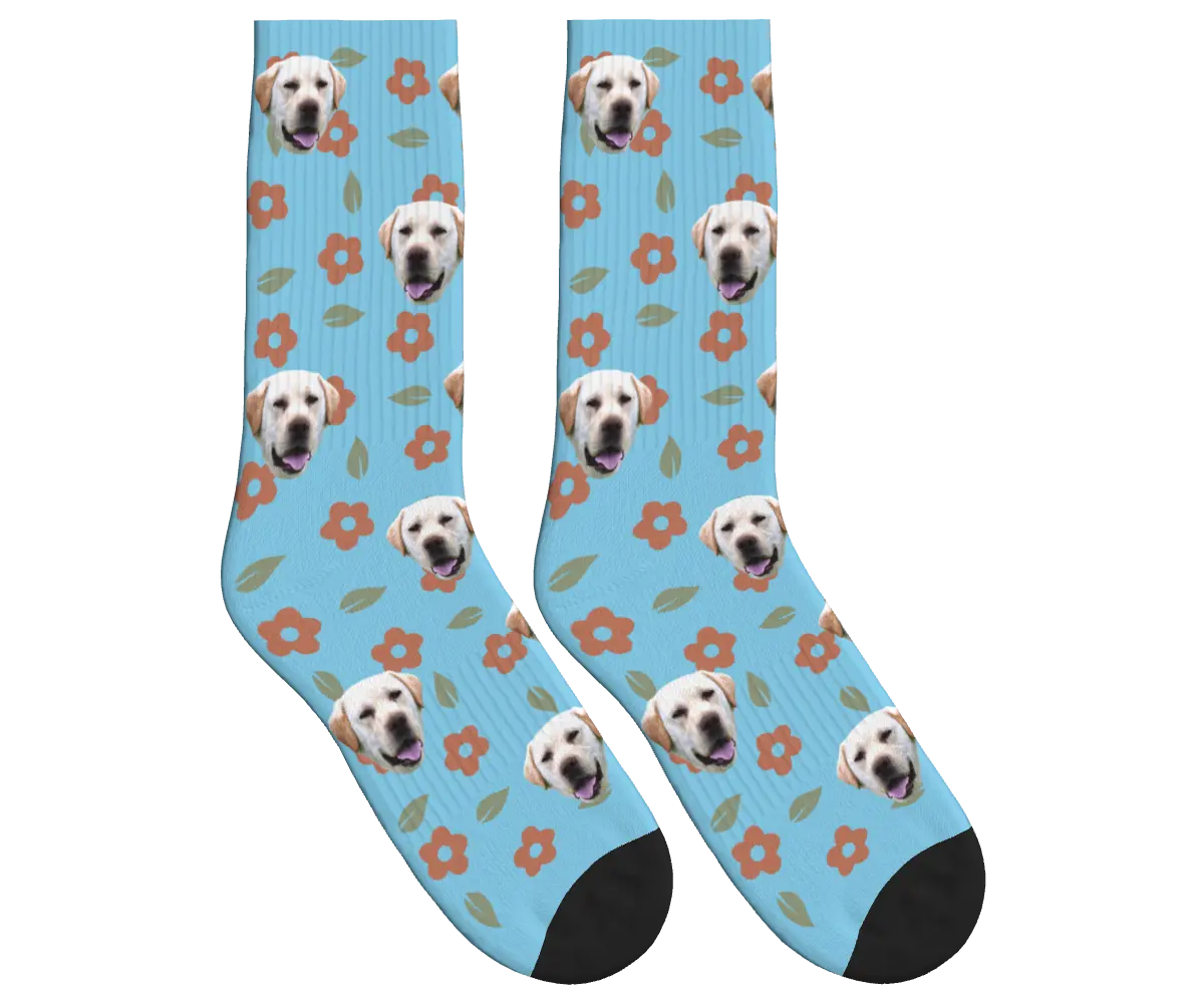 Dog Face Floral & Leaf Socks - Sky Blue / Crew Socks