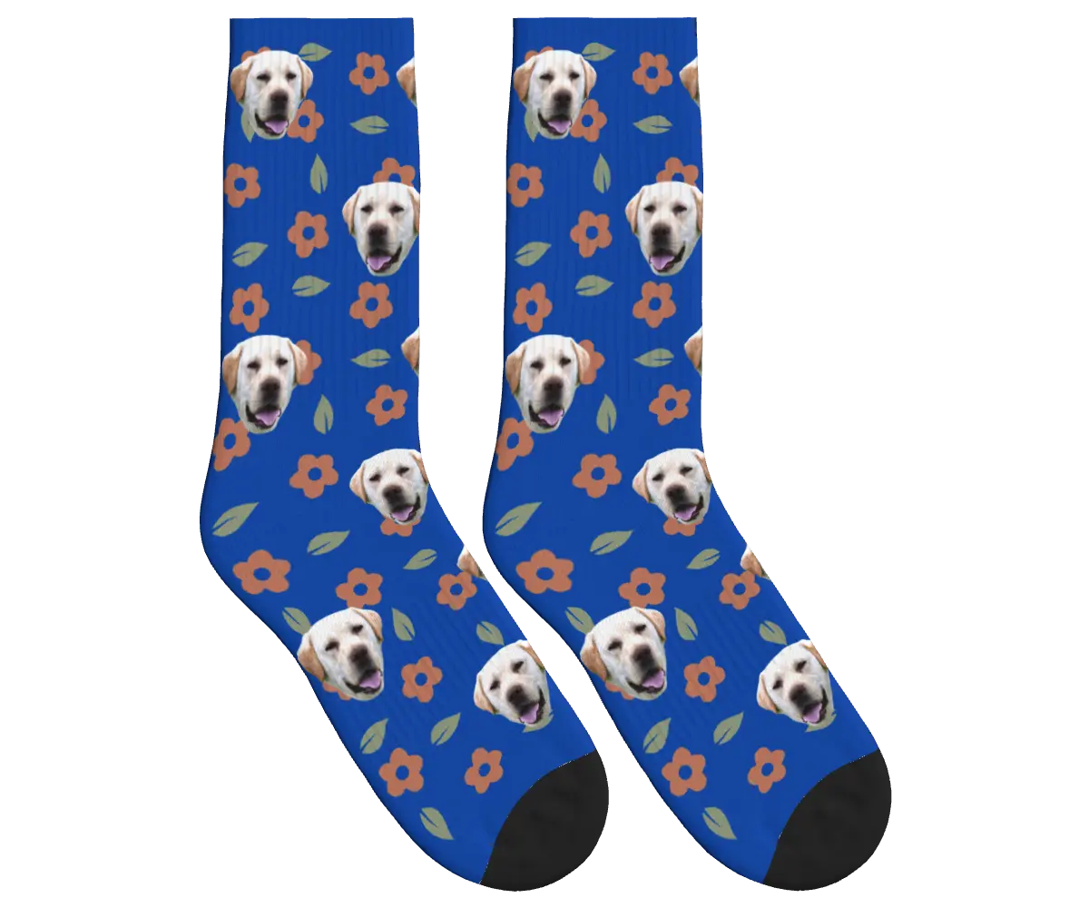 Dog Face Floral & Leaf Socks - Cobalt Blue / Crew Socks