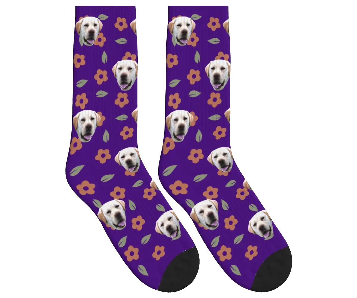 Dog Face Floral & Leaf Socks - Deep Purple / Crew Socks