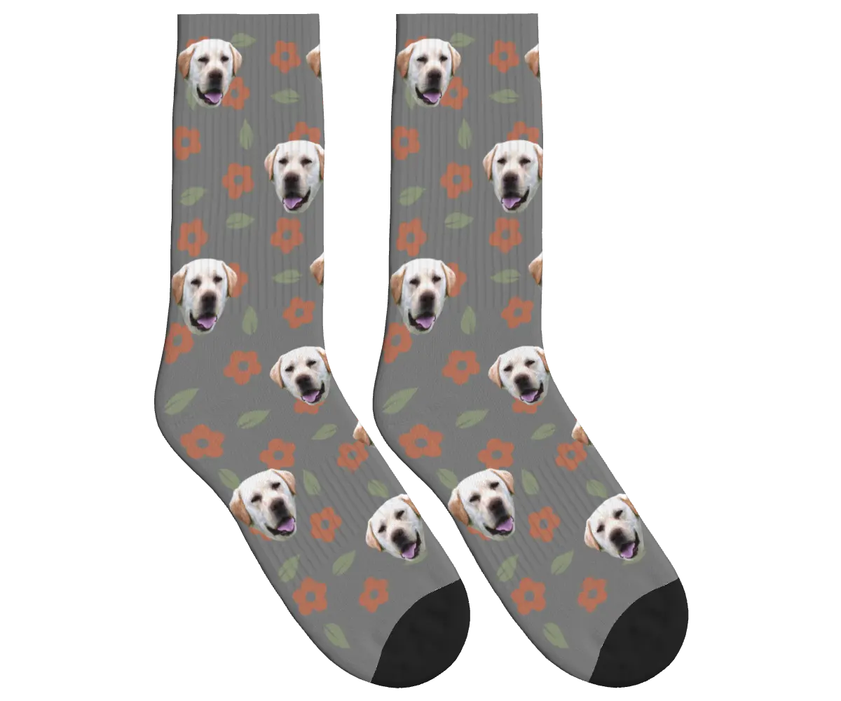Dog Face Floral & Leaf Socks - Gray / Crew Socks
