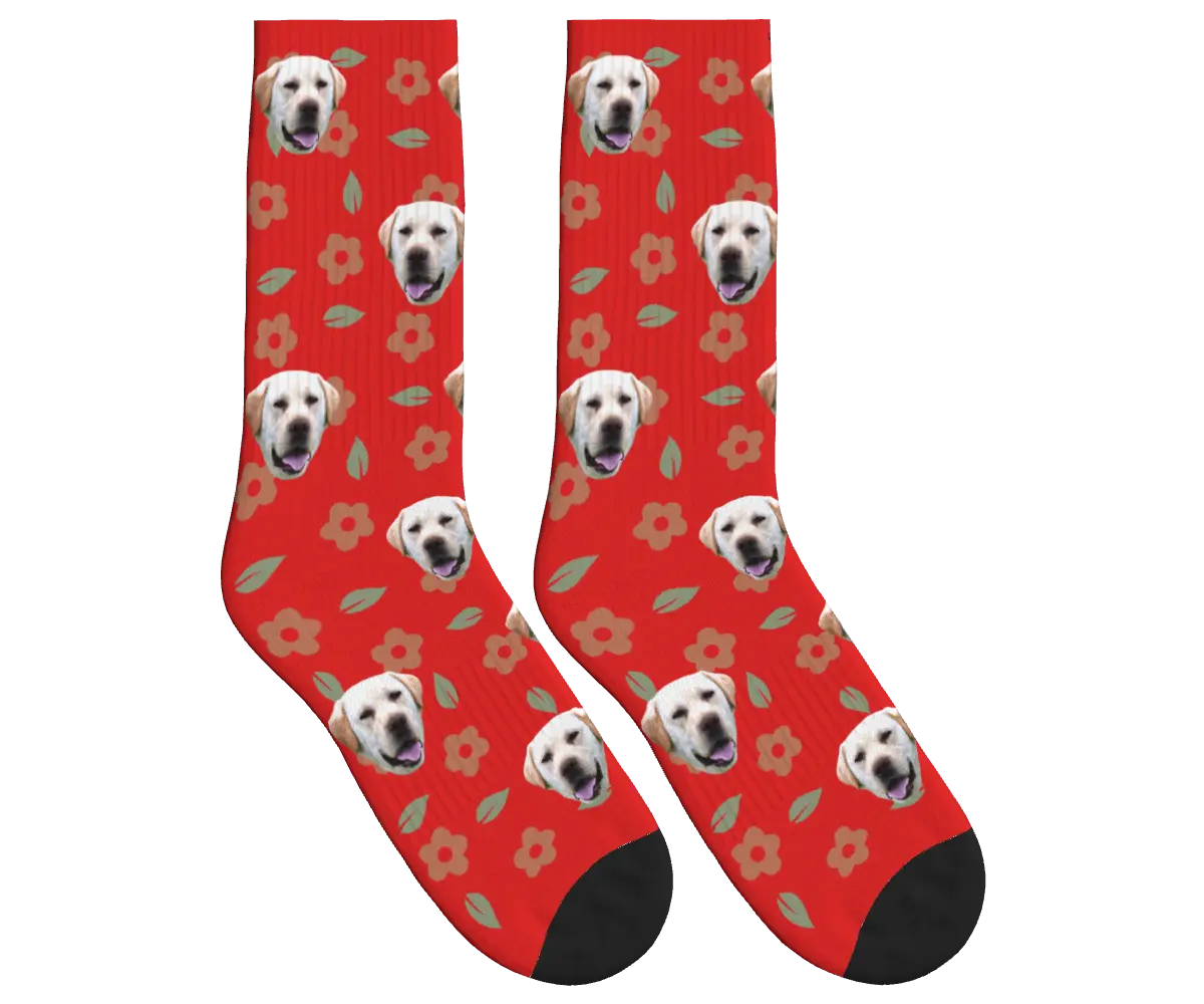 Dog Face Floral & Leaf Socks - Red / Crew Socks