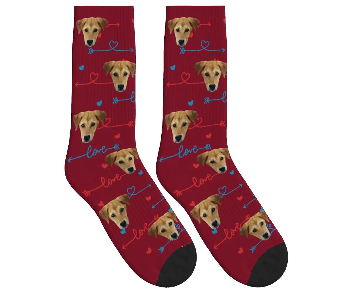 Dog Face & Love Arrows Socks - Burgundy / Crew Socks