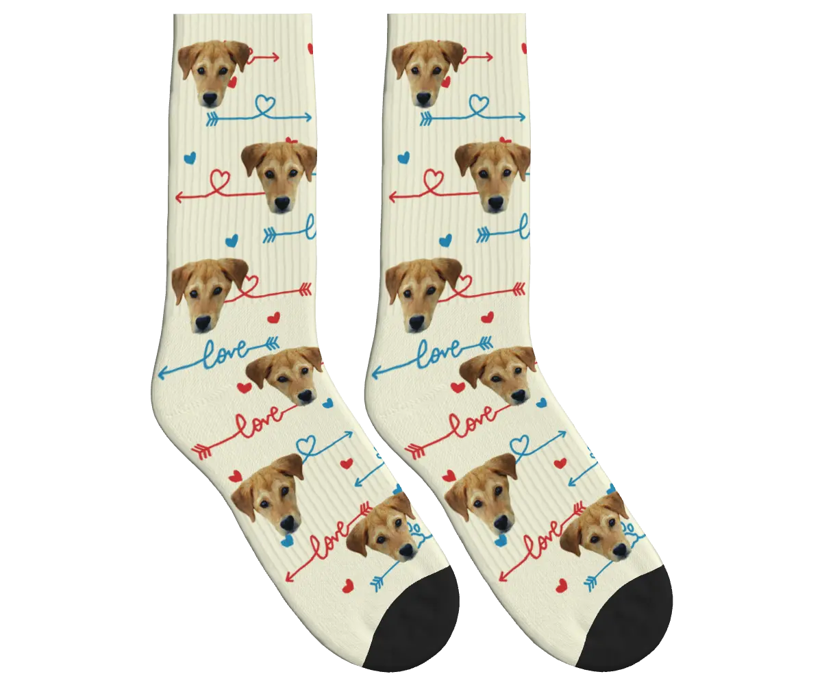 Dog Face & Love Arrows Socks - Beige / Crew Socks