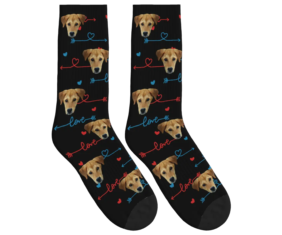 Dog Face & Love Arrows Socks - Black / Crew Socks