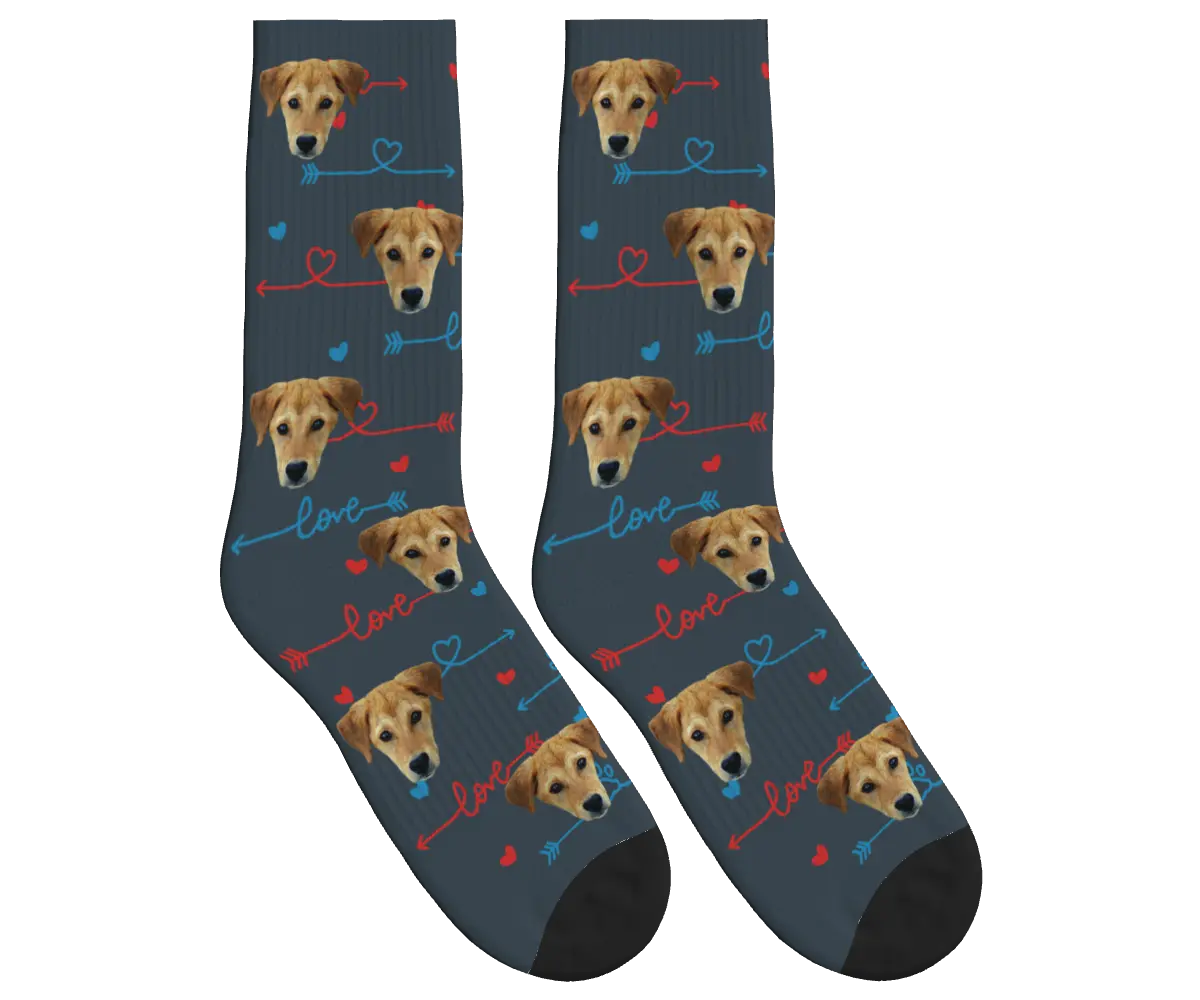 Dog Face & Love Arrows Socks - Charcoal Gray / Crew Socks