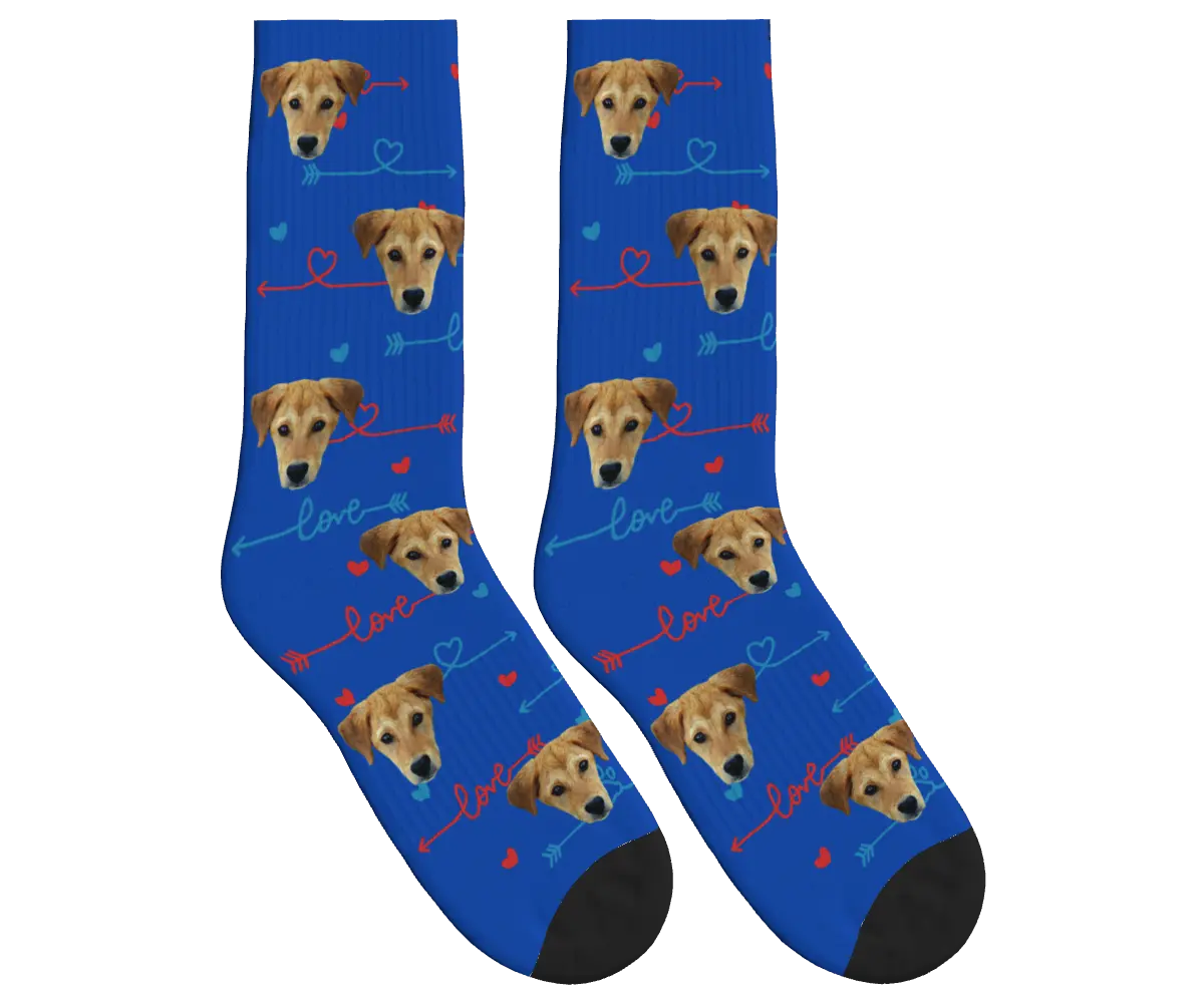Dog Face & Love Arrows Socks - Cobalt Blue / Crew Socks