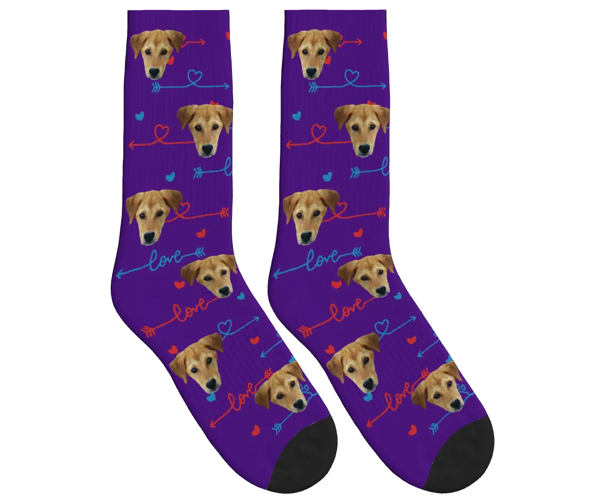 Dog Face & Love Arrows Socks - Deep Purple / Crew Socks