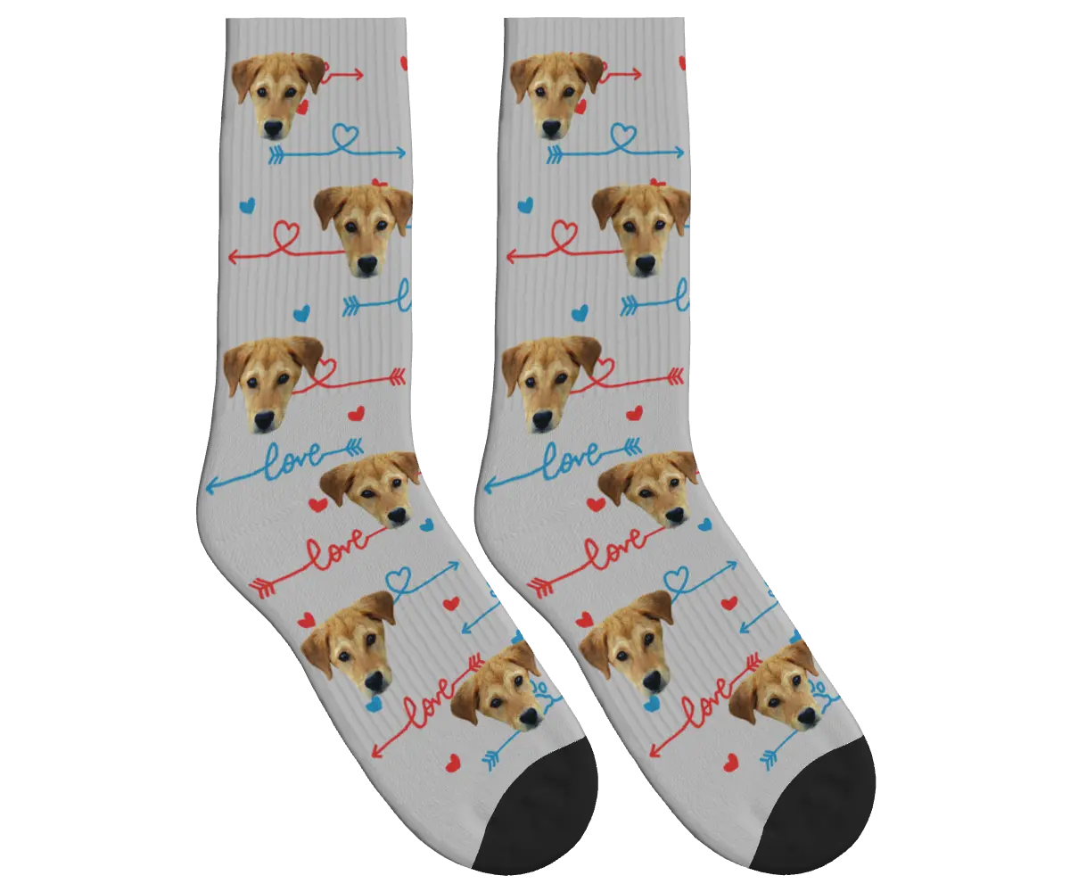 Dog Face & Love Arrows Socks - Light Gray / Crew Socks