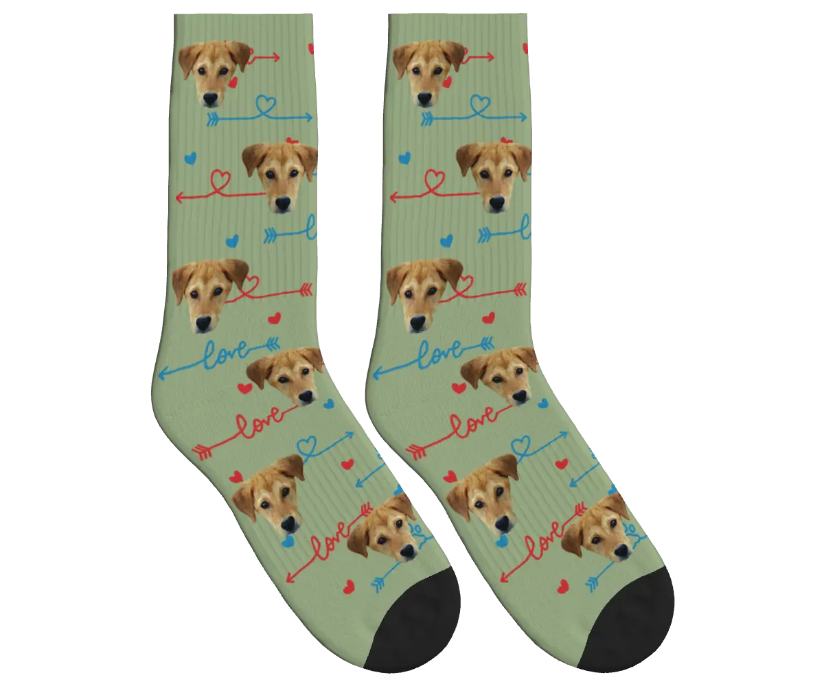Dog Face & Love Arrows Socks - Sage Green / Crew Socks