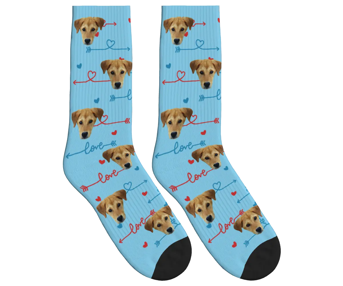 Dog Face & Love Arrows Socks - Sky Blue / Crew Socks