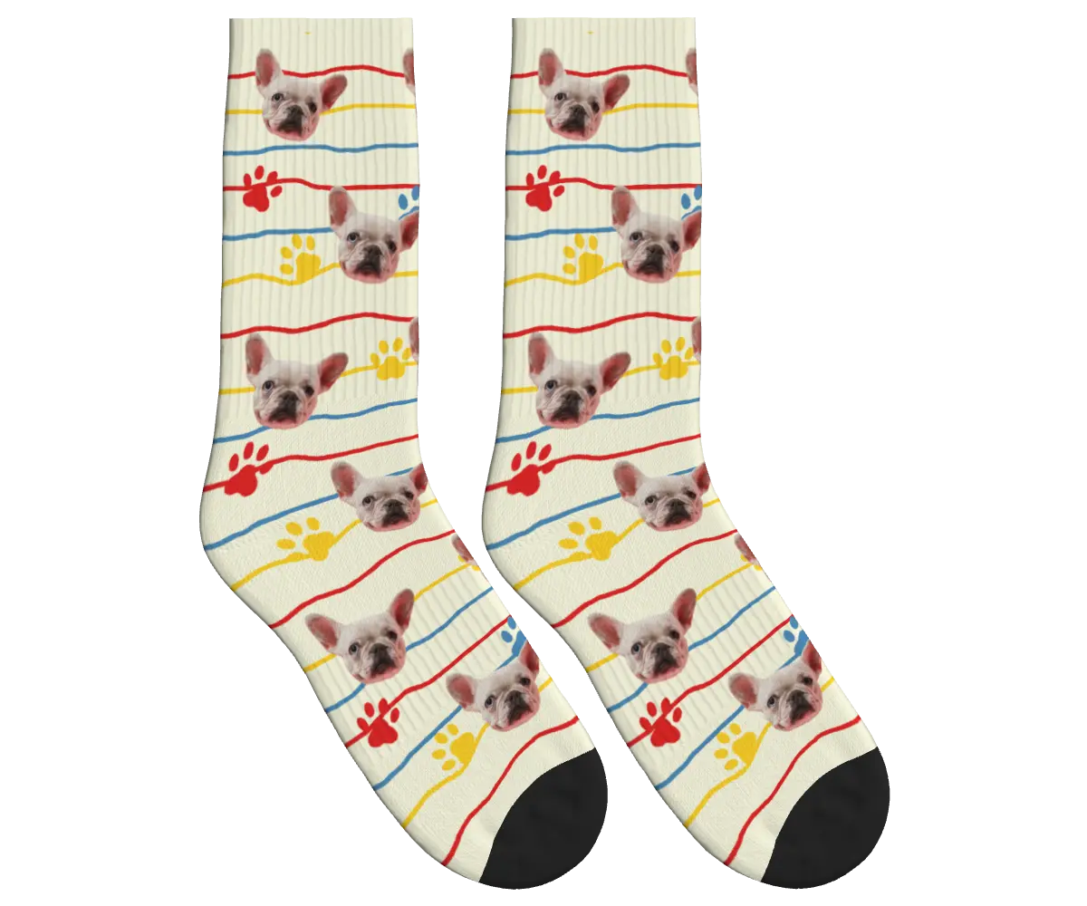 Dog Face, Paw Prints & Stripes Socks - Beige / Crew Socks