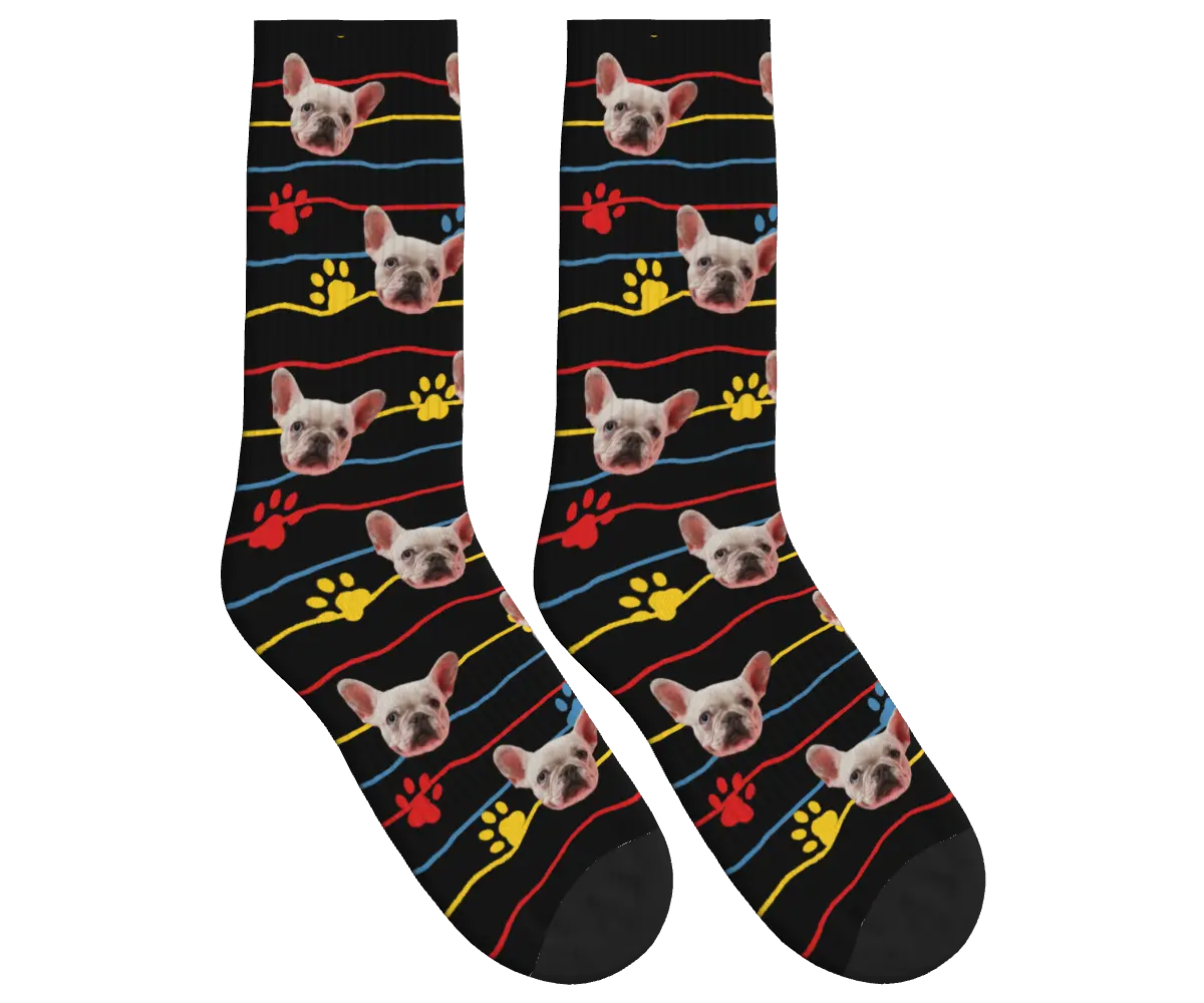 Dog Face, Paw Prints & Stripes Socks - Black / Crew Socks