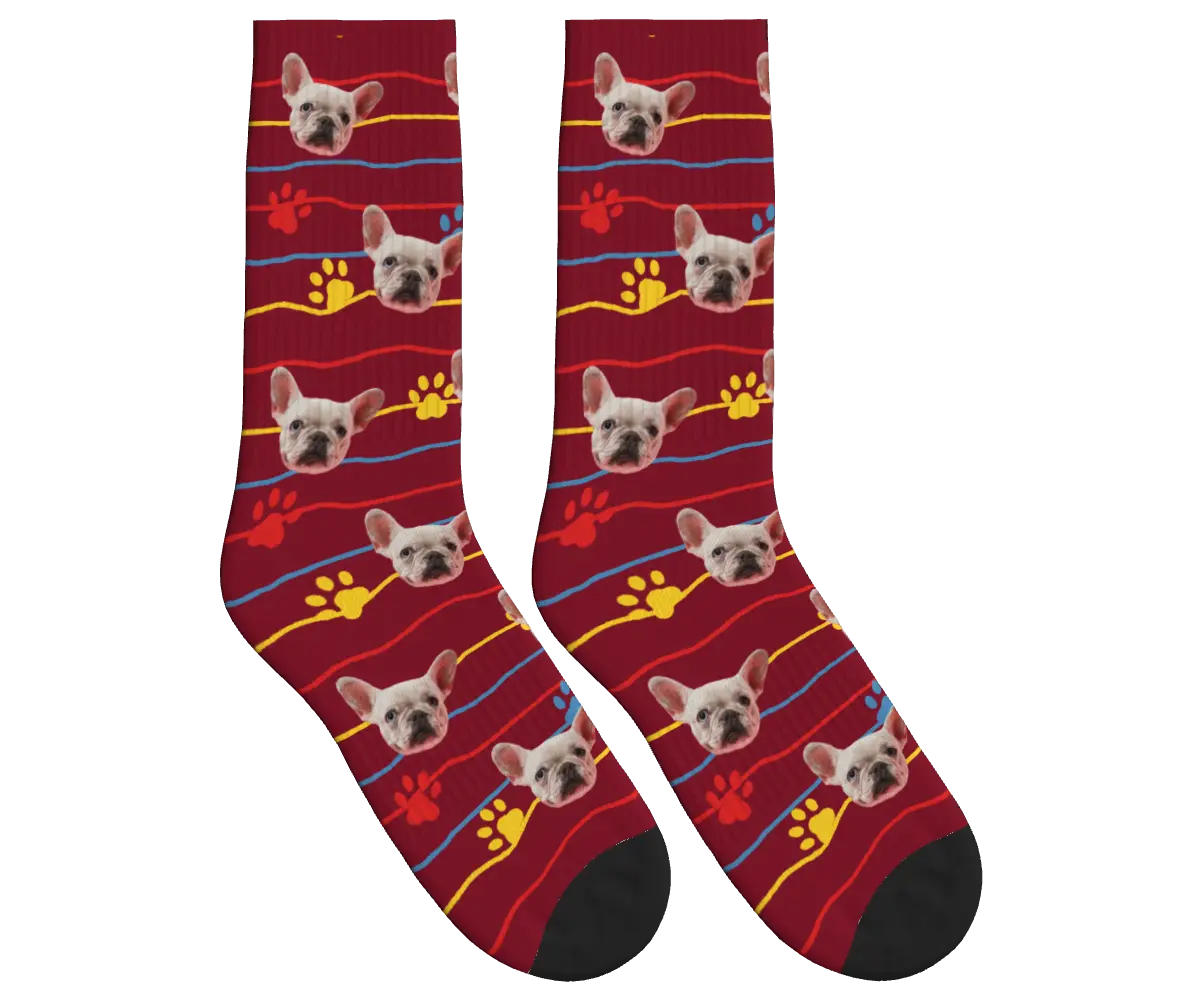 Dog Face, Paw Prints & Stripes Socks - Burgundy / Crew Socks