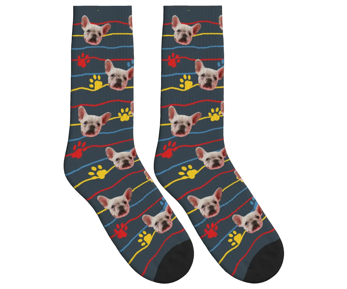 Dog Face, Paw Prints & Stripes Socks - Charcoal Gray / Crew Socks
