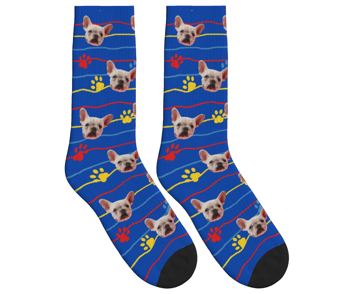 Dog Face, Paw Prints & Stripes Socks - Cobalt Blue / Crew Socks
