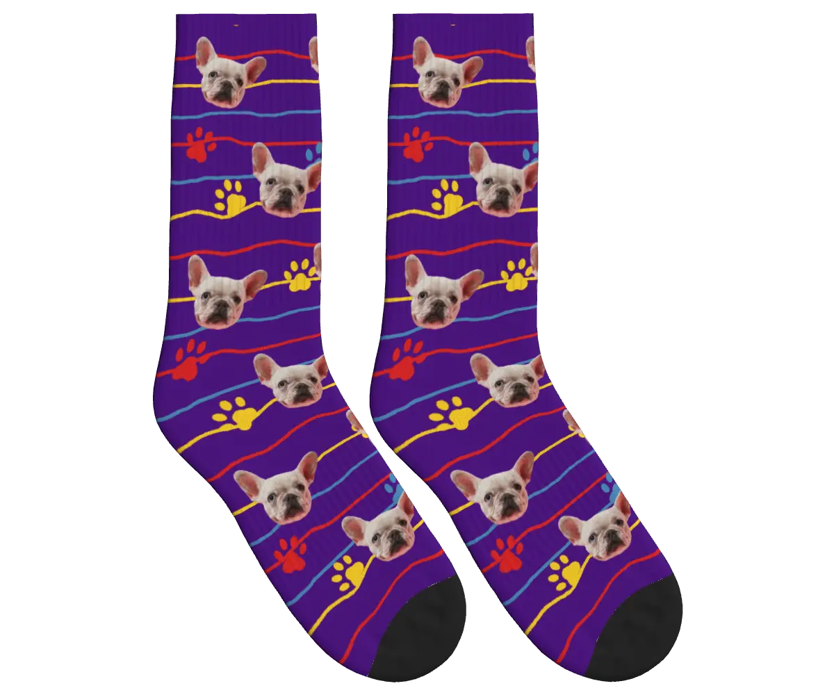 Dog Face, Paw Prints & Stripes Socks - Deep Purple / Crew Socks