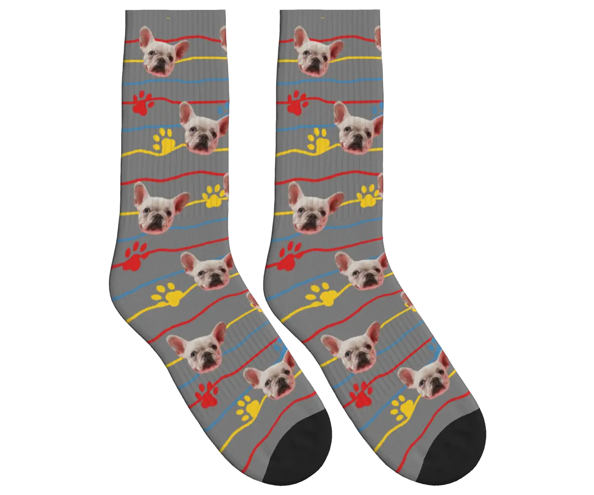 Dog Face, Paw Prints & Stripes Socks - Gray / Crew Socks