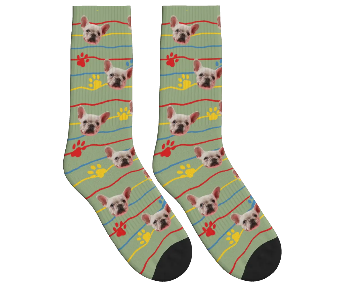 Dog Face, Paw Prints & Stripes Socks - Sage Green / Crew Socks