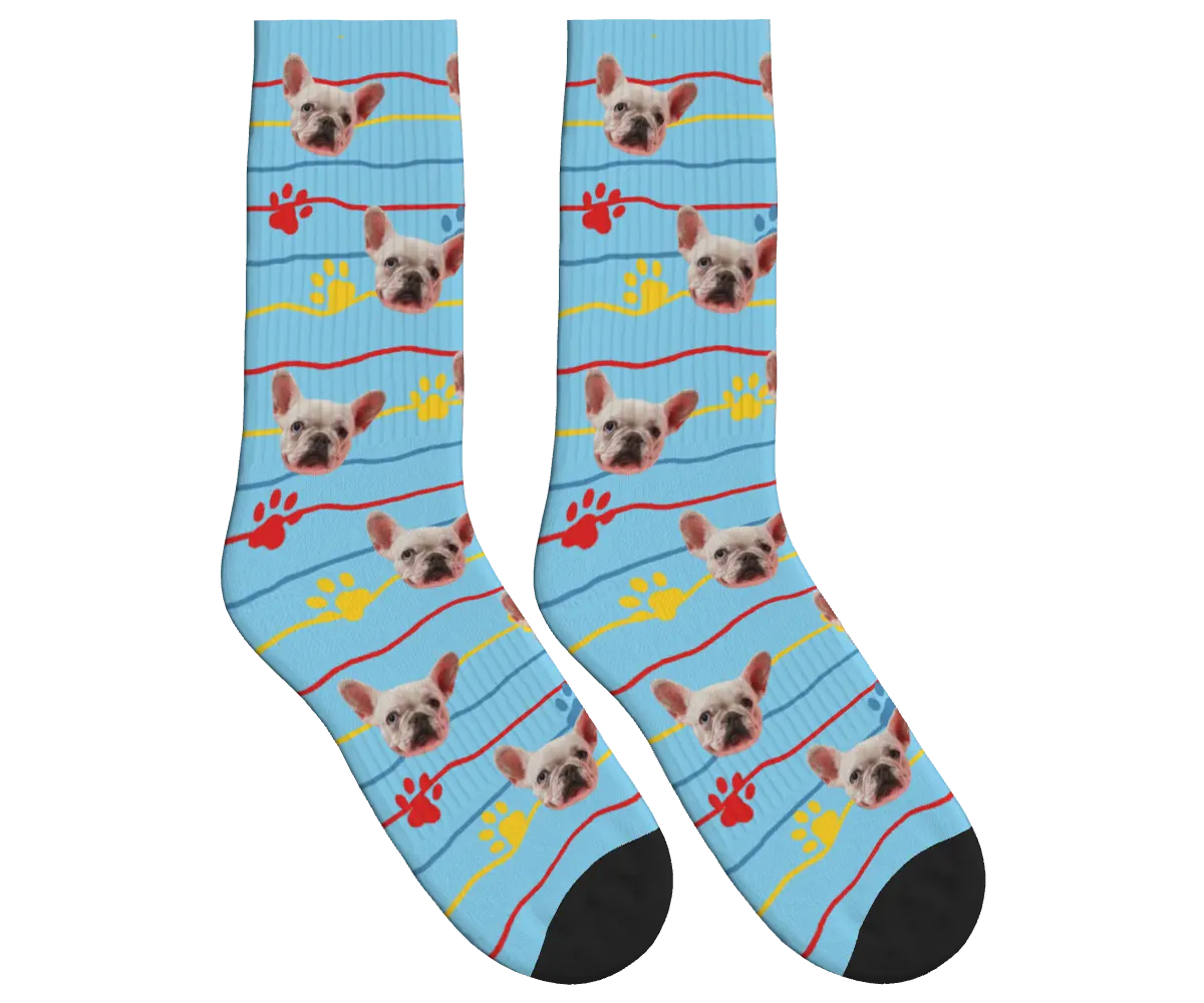 Dog Face, Paw Prints & Stripes Socks - Sky Blue / Crew Socks