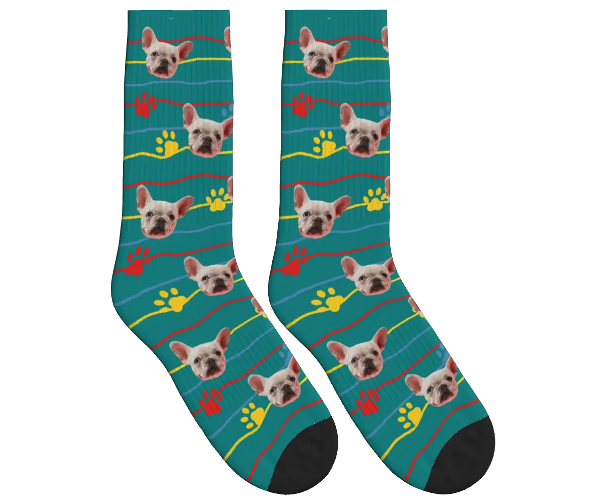 Dog Face, Paw Prints & Stripes Socks - Teal / Crew Socks