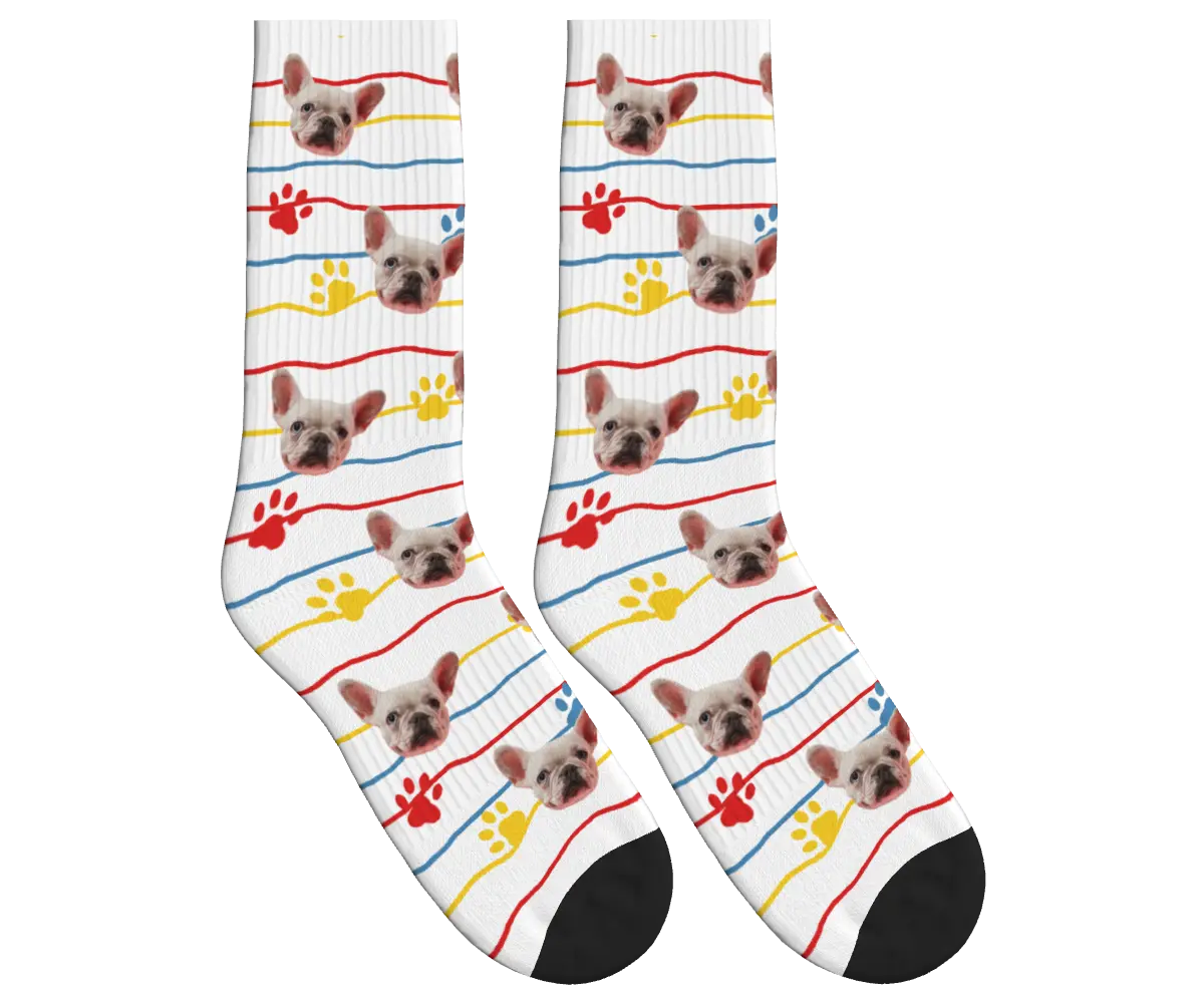Dog Face, Paw Prints & Stripes Socks - White / Crew Socks